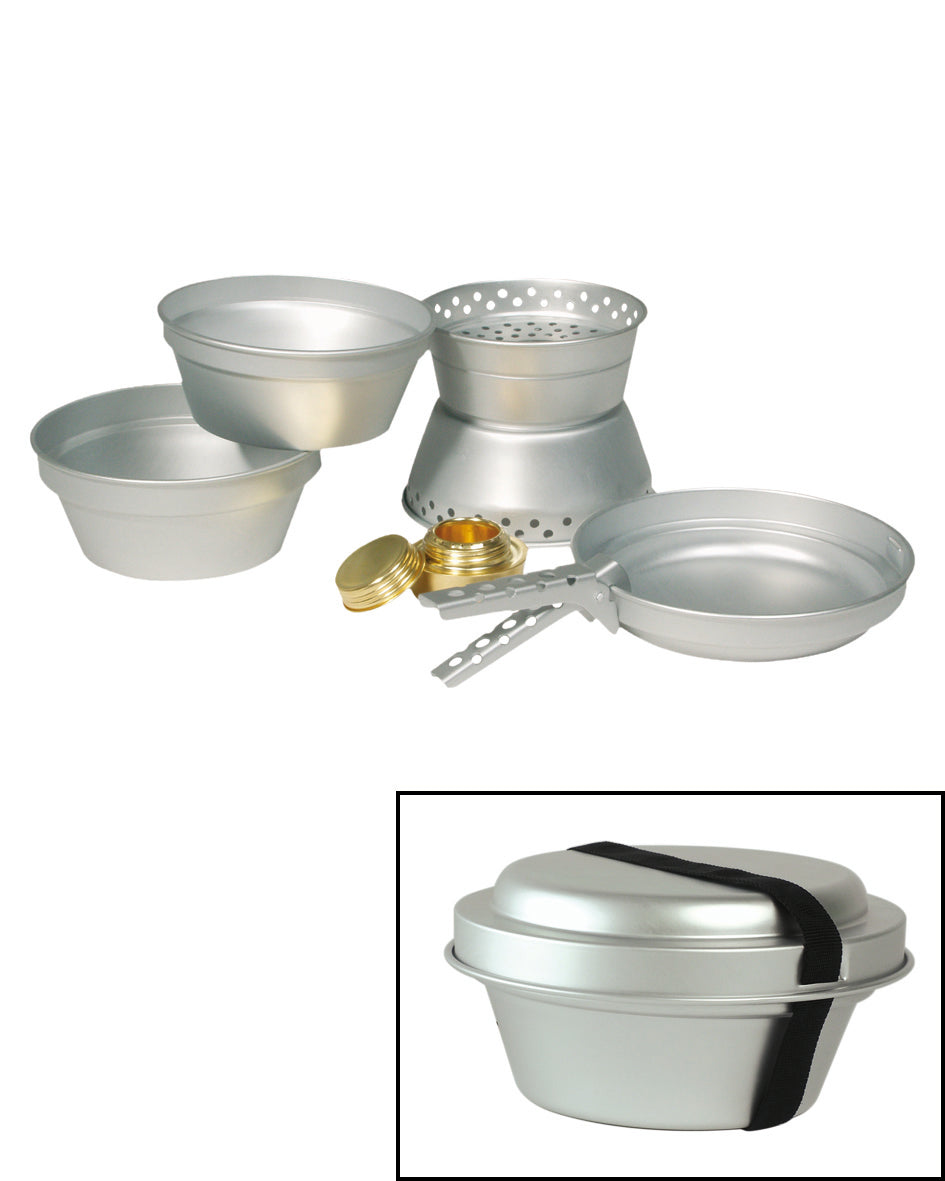 Set de cuisine Mil-Tec en aluminium 2 marmites 1,4 et 0,95 L avec poêle et réchaud laiton