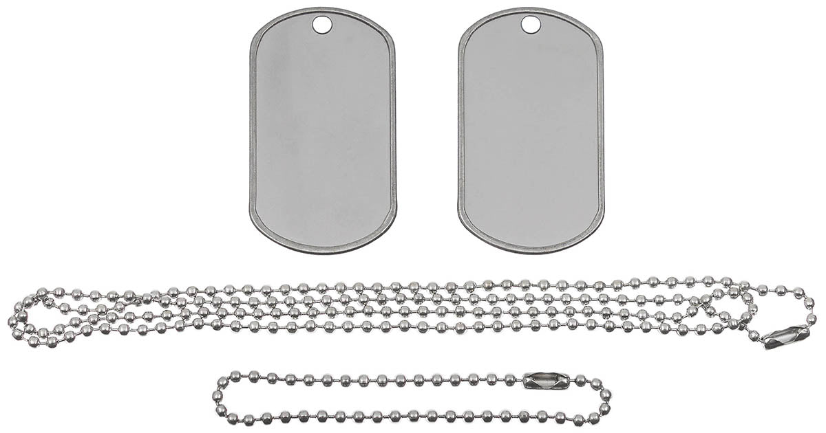 Plaques d'identité US MFH en acier inoxydable 5 x 2,8 cm chaînes nickelées
