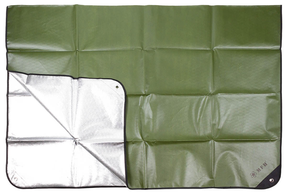 Bâche de survie MFH 210 × 150 cm en polyester aluminisé à 4 œillets renforcés