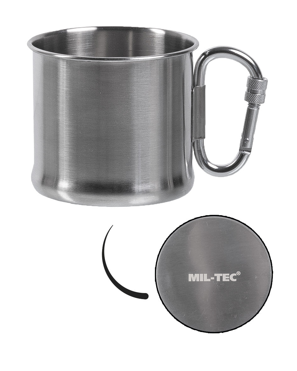 Quart Mil-Tec en acier inoxydable 500 ml avec anse mousqueton 100 g pour bivouac