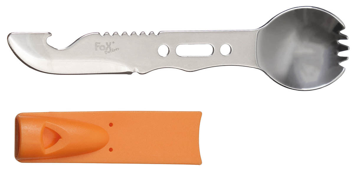 Cuillère-fourchette Fox Outdoor inox avec couteau, décapsuleur et sifflet