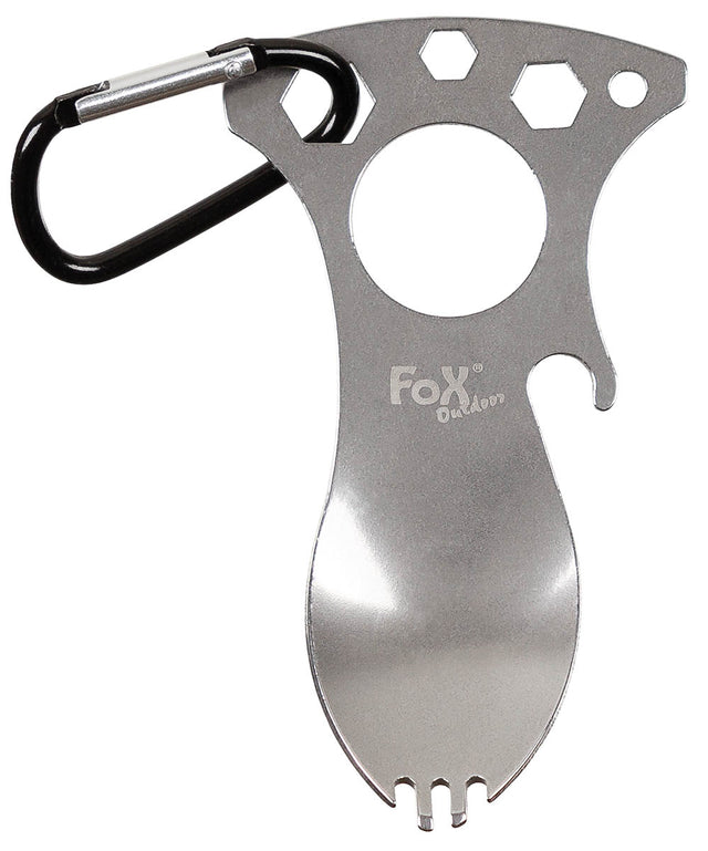 Cuillère-fourchette Fox Outdoor inox avec décapsuleur et clés de 6 à 10 mm