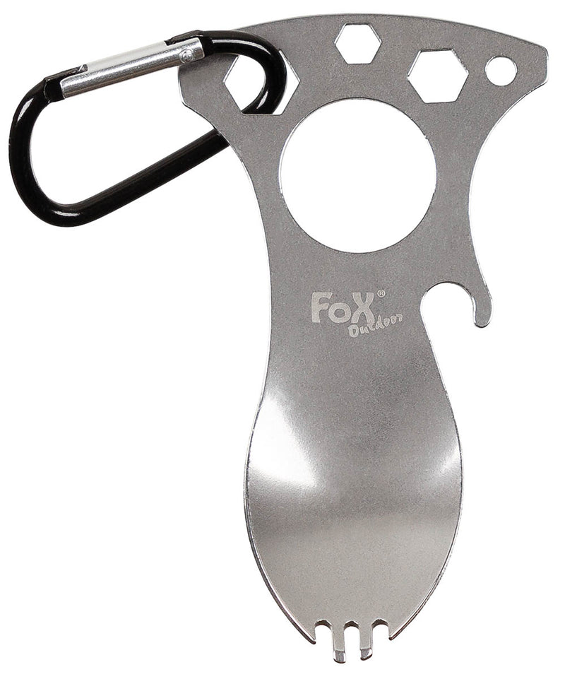Cuillère-fourchette Fox Outdoor inox avec décapsuleur et clés de 6 à 10 mm