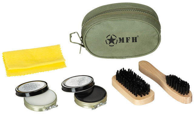 Kit de cirage MFH 2 brosses 2 boîtes et chiffon en étui de 13 x 8 x 6 cm