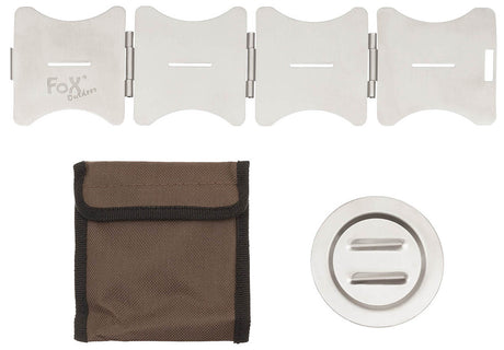 Support de cuisson pliant Fox Outdoor en acier inoxydable 7,5 cm, 120 g avec housse