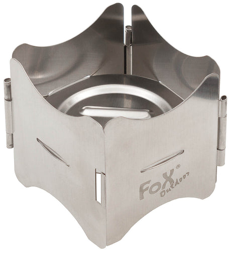 Support de cuisson pliant Fox Outdoor en acier inoxydable 7,5 cm, 120 g avec housse