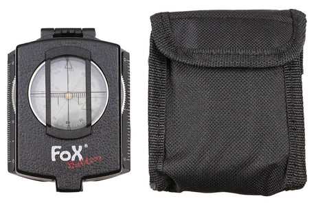 Boussole Precision Fox Outdoor à boîtier métallique avec niveau à bulle et étui