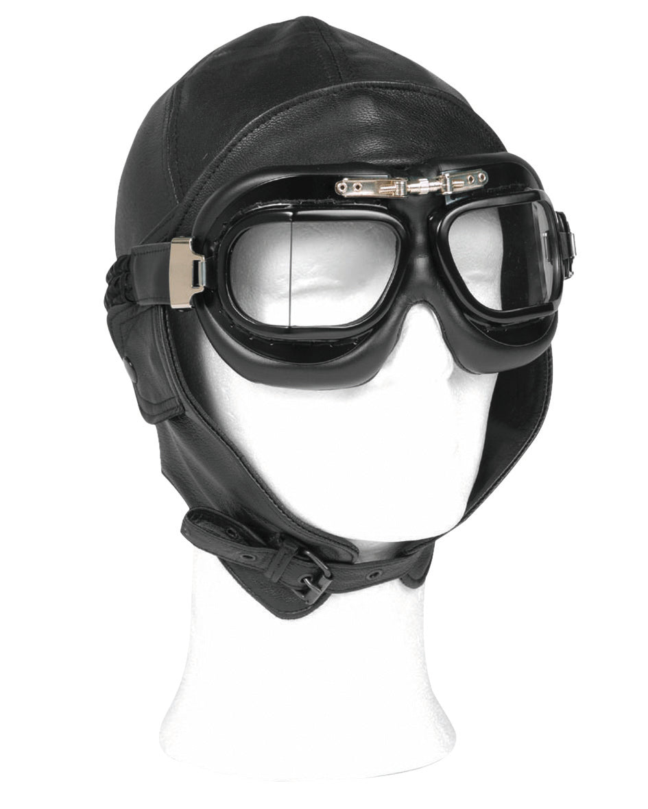 Bonnet d'aviateur Mil-Tec en cuir de bovin doublé coton boucles de réglage menton et nuque