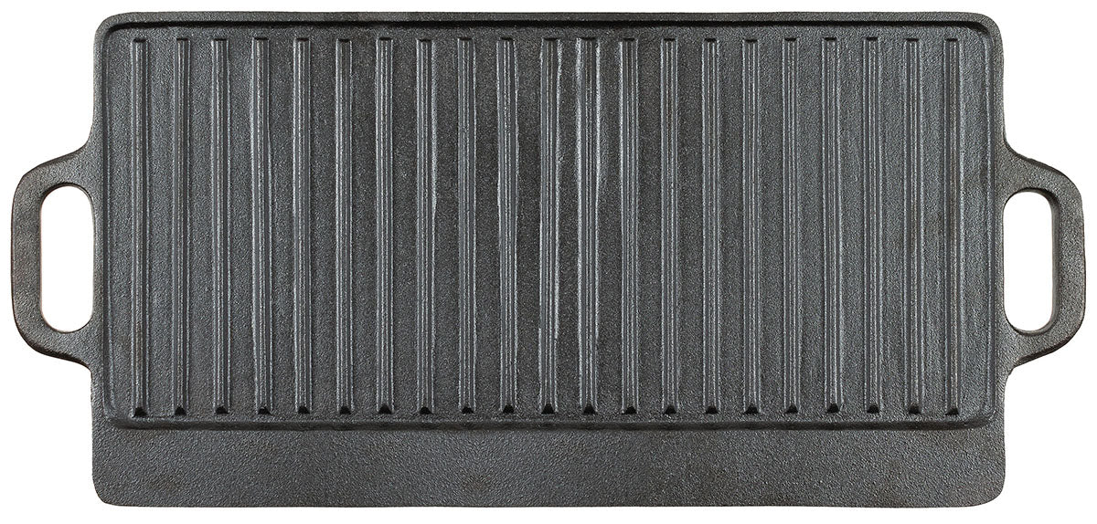 Plancha réversible en fonte Fox Outdoor 50 x 23 cm à deux poignées et face rainurée