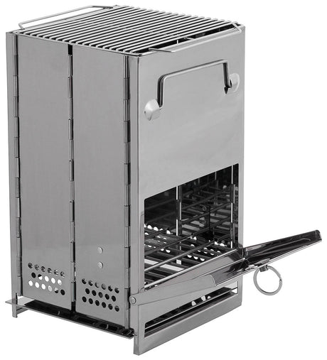 Réchaud fusée pliant Fox Outdoor en acier inoxydable avec grille et bac à cendres