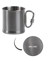Quart Mil-Tec en acier inoxydable 250 ml avec anse mousqueton diamètre 7,6 cm 90 g