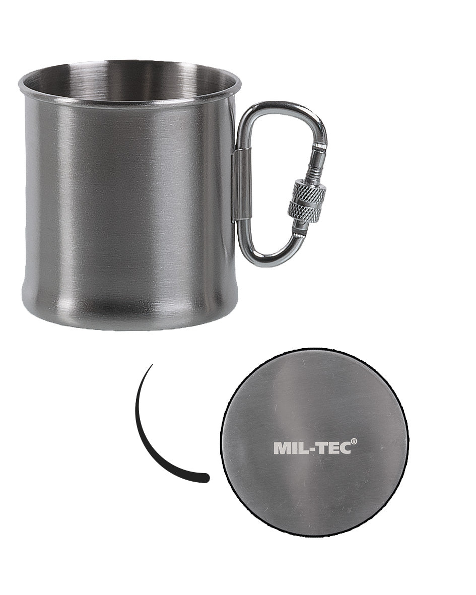 Quart Mil-Tec en acier inoxydable 250 ml avec anse mousqueton diamètre 7,6 cm 90 g