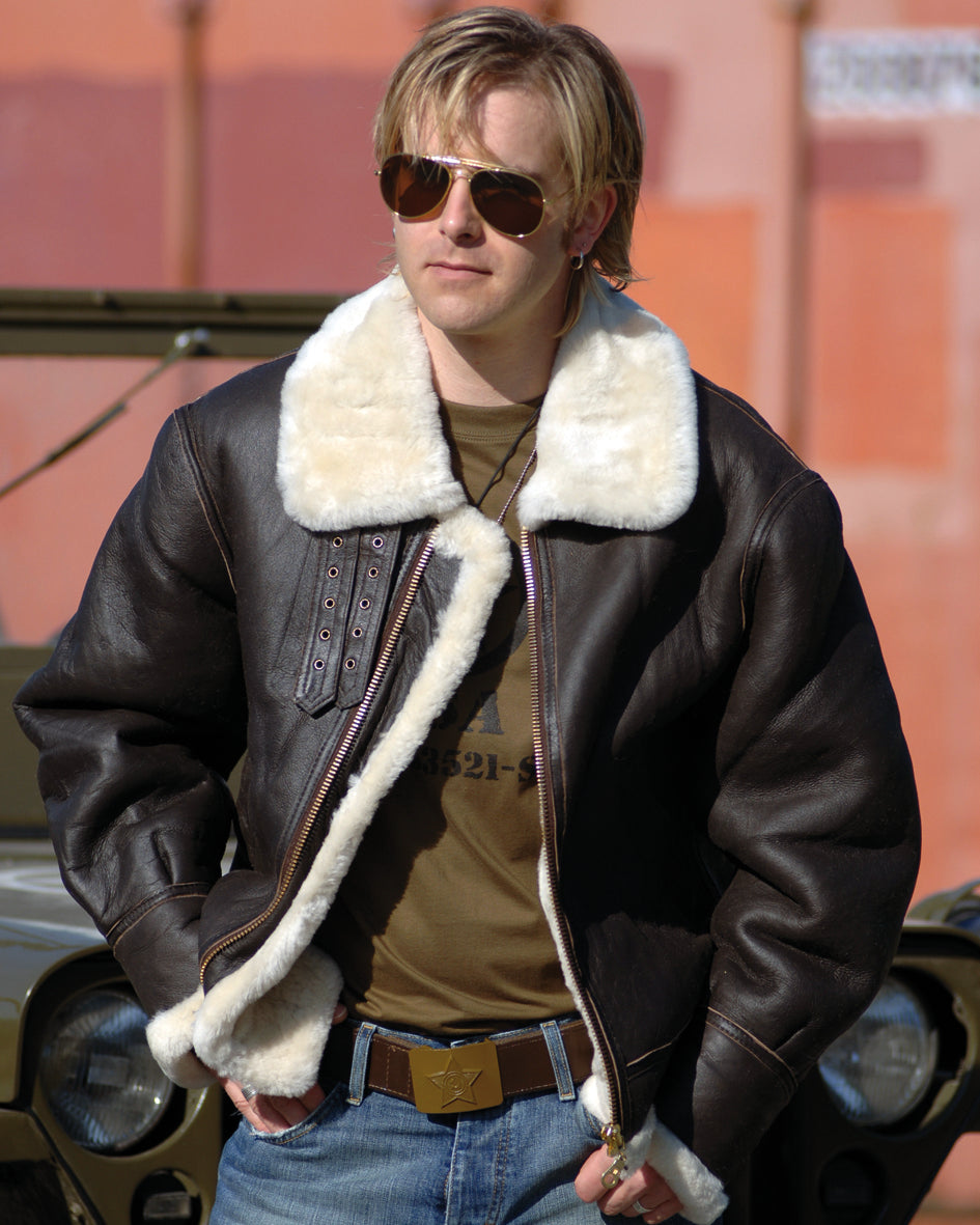 Blouson aviateur type B3 Mil-Tec en peau lainée d'agneau avec sangles de col en cuir