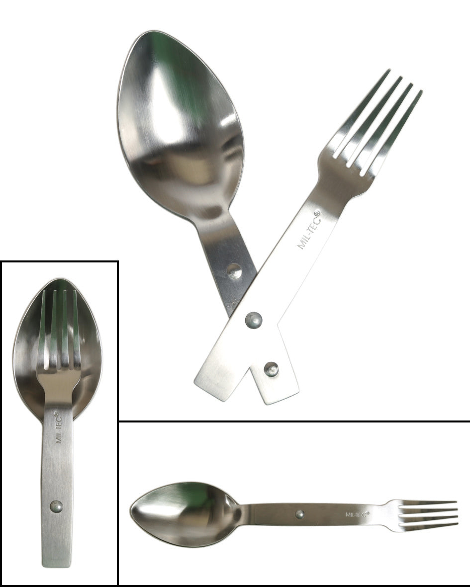Couvert pliant Mil-Tec en acier inoxydable fourchette et cuillère 23 cm déplié 80 g