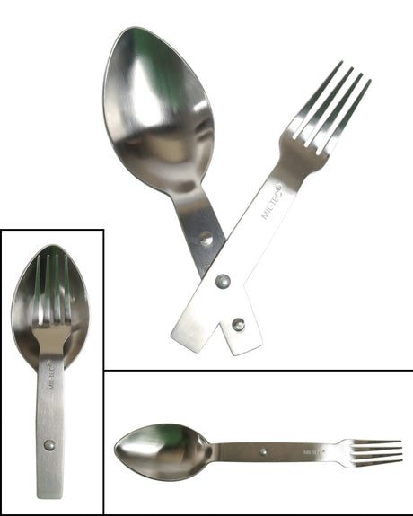 Couvert pliant Mil-Tec en acier inoxydable fourchette et cuillère 23 cm déplié 80 g