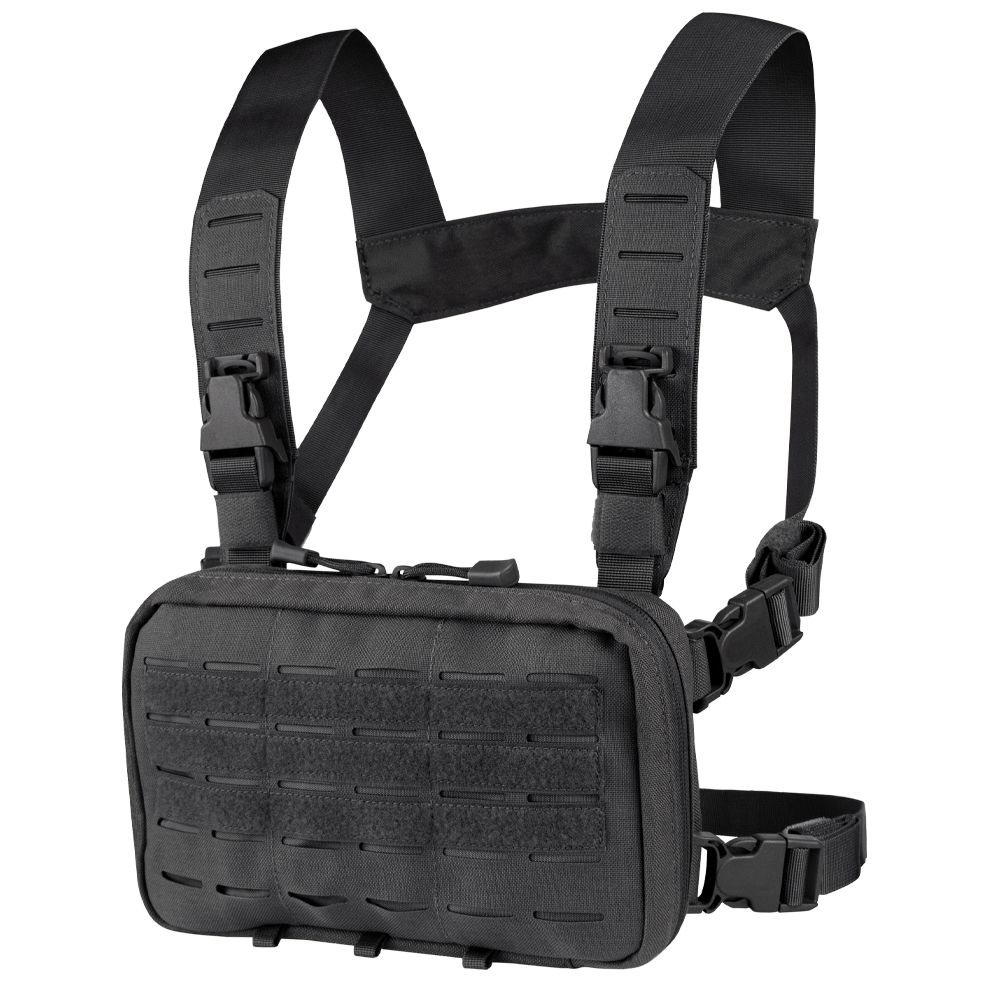 Gilet chest rig Condor Stowaway panneau MOLLE découpé laser harnais quatre points