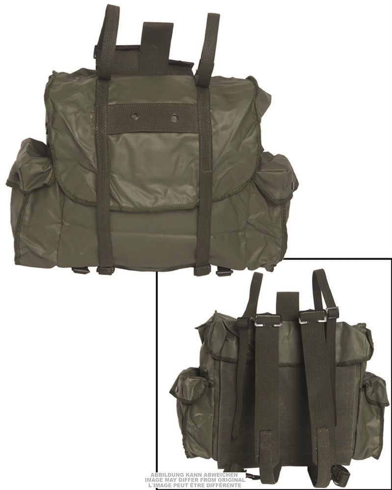 Petit sac à dos de l'armée belge en toile enduite PVC, surplus d'occasion