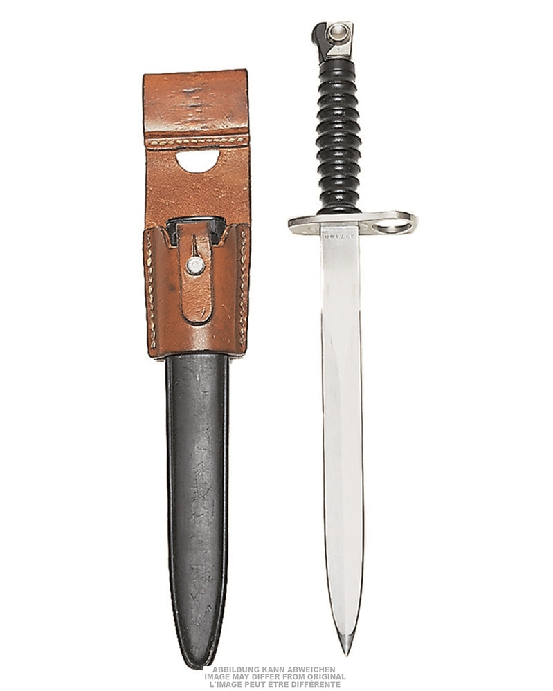 Baïonnette suisse modèle 57 avec son porte-fourreau en cuir, occasion