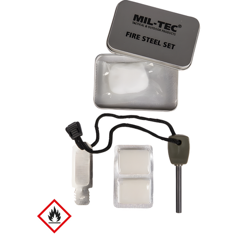 Allume-feu Mil-Tec Firesteel Set avec firesteel grattoir cordon ouate tablettes combustibles boîte métal