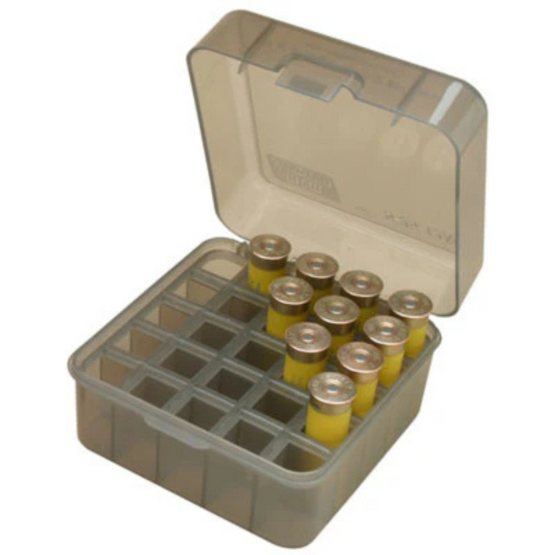 Boîte de rangement MTM compartimentée pour 25 cartouches calibre 12 / 16 / 20