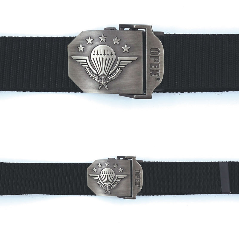 Ceinture OPEX à boucle acier gravée Parachutistes sangle 100 % nylon 3,5 x 130 cm