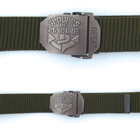 Ceinture OPEX à boucle acier gravée Troupes de Marine sangle nylon 3,5 x 130 cm