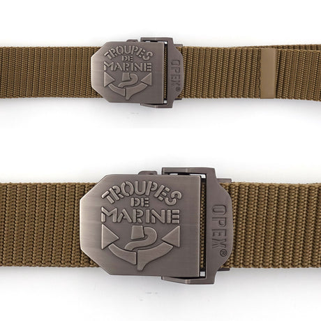 Ceinture OPEX à boucle acier gravée Troupes de Marine sangle nylon 3,5 x 130 cm