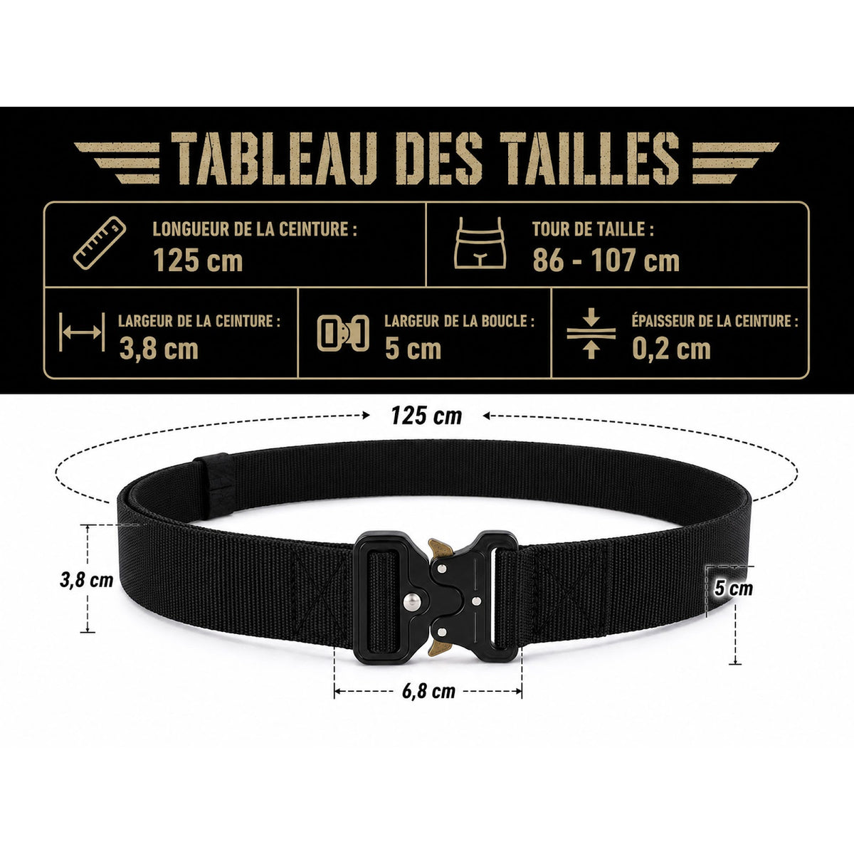 Ceinturon tactique Yucon nylon 3,8 cm boucle acier à dégagement rapide