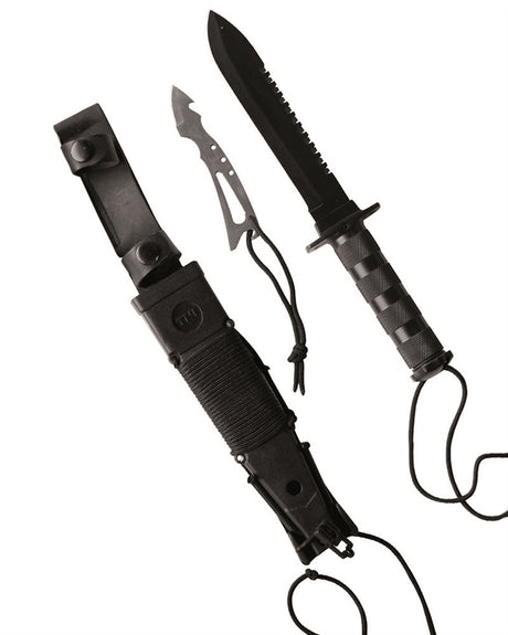 Couteau de survie Mil-Tec lame inox 16 cm avec nécessaire de survie de douze éléments