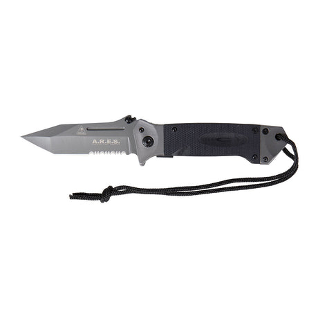 Couteau pliant Ares Baroud lame semi-crantée de 11 cm avec dragonne et étui ceinture