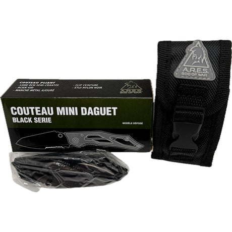 Couteau pliant Ares Mini Dague Black Series manche métal ajouré avec étui de ceinture