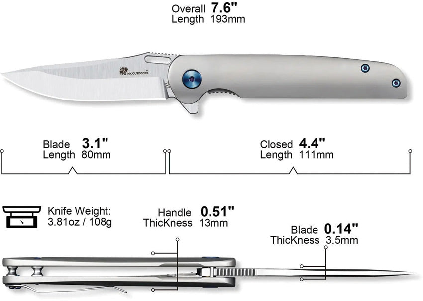 Couteau pliant HX Outdoors Vulcan acier D2 lame 80 mm manche titane