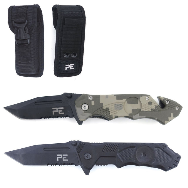 Couteau pliant Survival lame acier 440 de 8,5 cm, cran de sûreté et étui