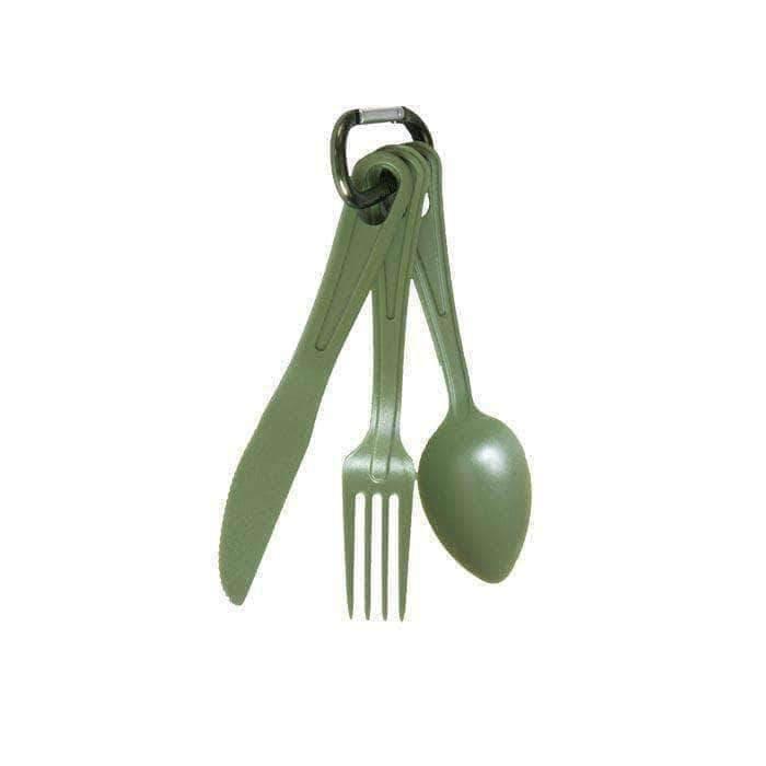 Couverts Mil-Tec US 3 pièces polycarbonate olive avec mousqueton