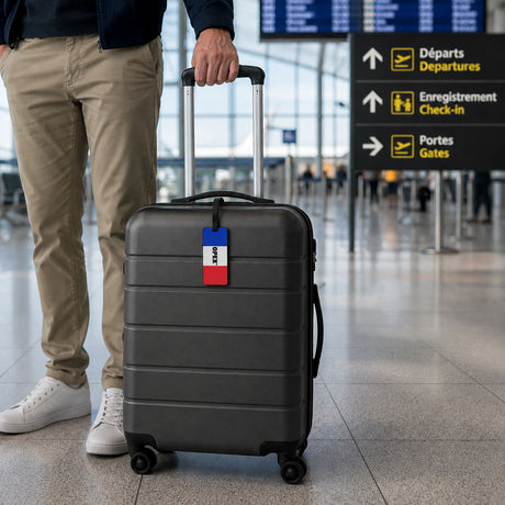Étiquette de bagage en rubber 10 x 6,5 cm avec fiche d'identification au dos