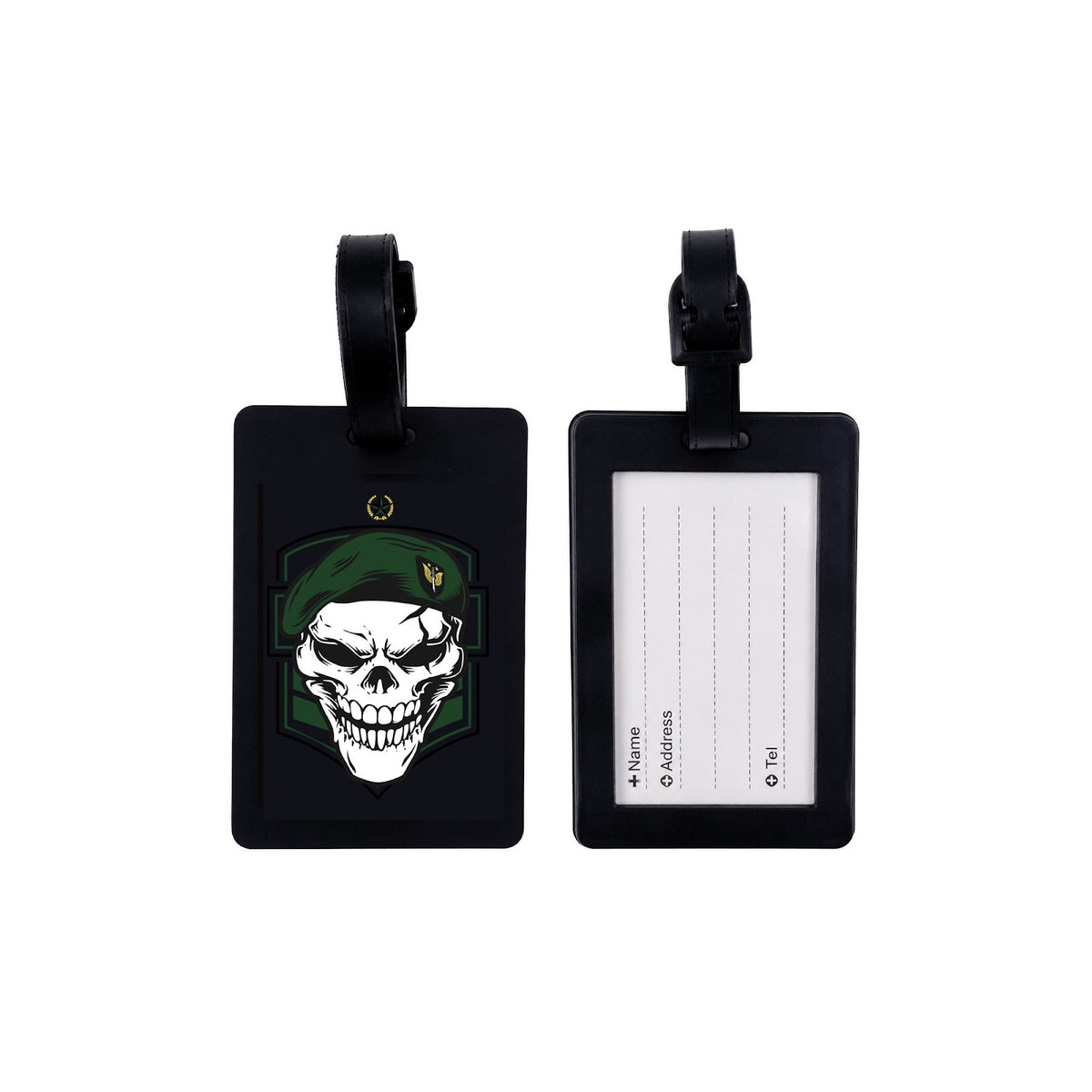 Étiquette de bagage en rubber 10 x 6,5 cm avec fiche d'identification au dos