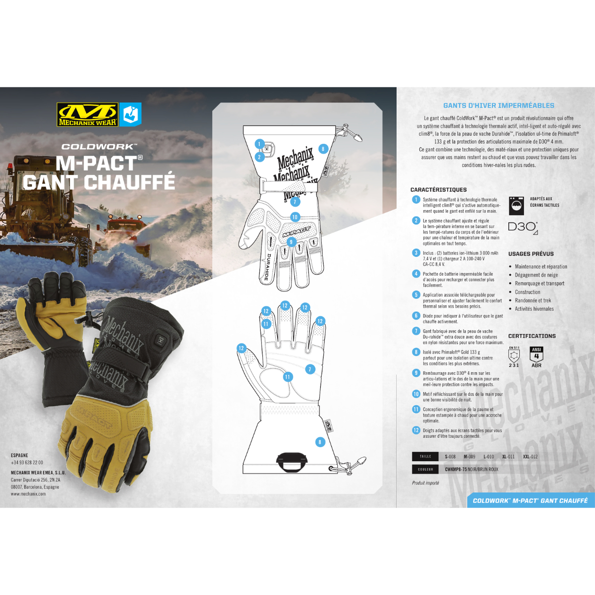 Gants chauffants Mechanix ColdWork M-Pact en cuir, PrimaLoft 133 g et D3O 4 mm