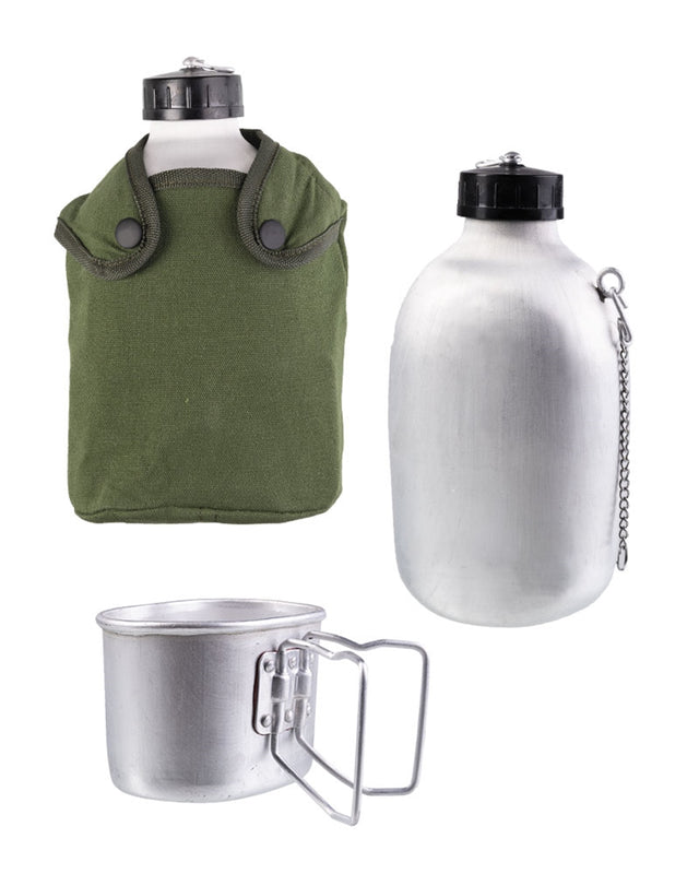 Gourde française Mil-Tec 1,3 L en aluminium avec quart et housse en coton