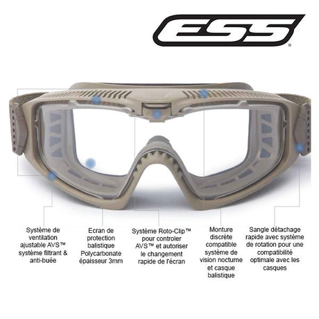 Kit masque balistique ESS Influx ventilation AVS réglable et 2 écrans de 3 mm