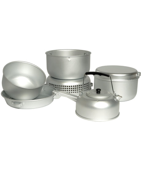 Kit popote Mil-Tec 9 pièces en aluminium avec réchaud à alcool laiton et pare-vent