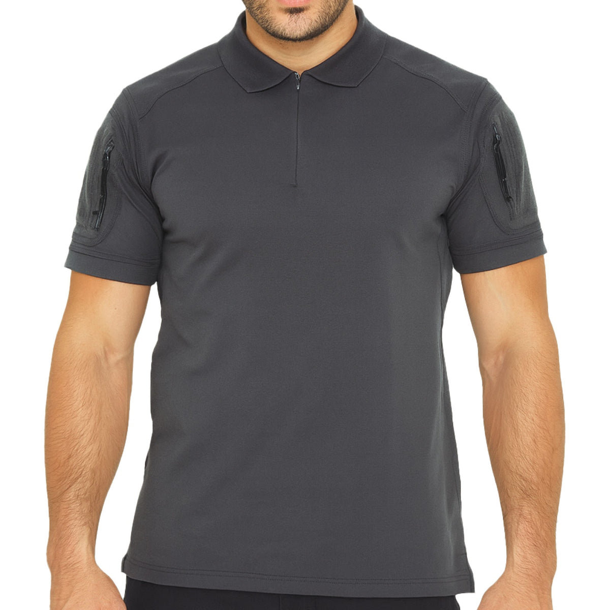 Polo tactique col à glissière coton polyester élasthanne deux poches de manche