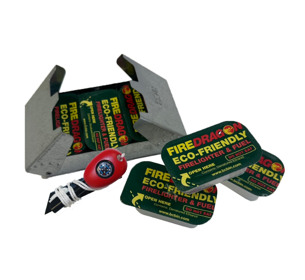 Réchaud pliant BCB FireDragon à pare-vent avec 6 tablettes de combustible et pierre à feu