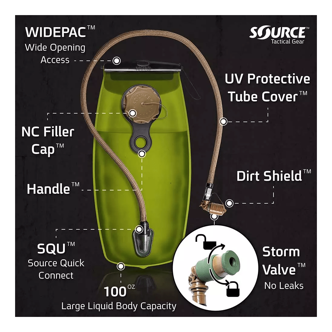 Sac d'hydratation Source Tactical 2 ou 3 L interface QCA et port de remplissage externe