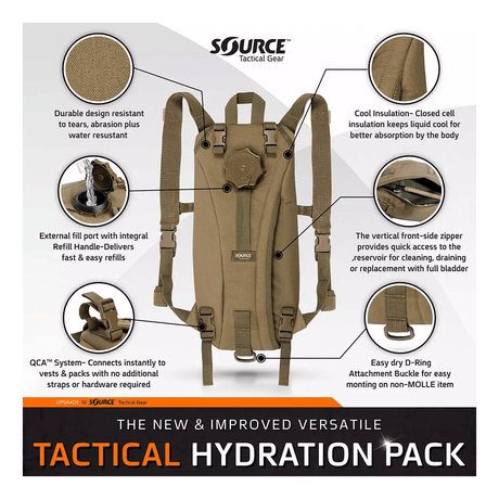 Sac d'hydratation Source Tactical 2 ou 3 L interface QCA et port de remplissage externe