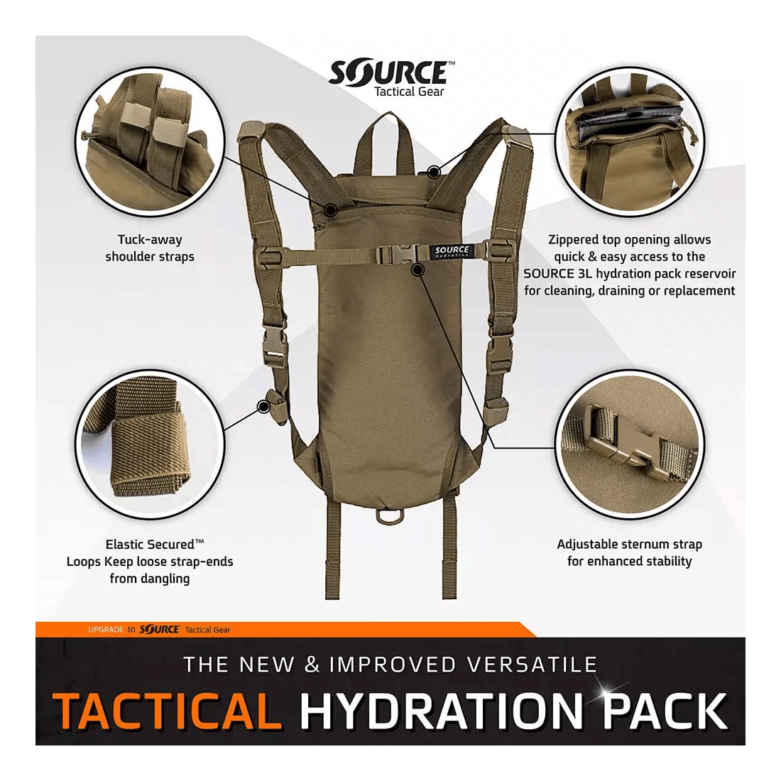 Sac d'hydratation Source Tactical 2 ou 3 L interface QCA et port de remplissage externe