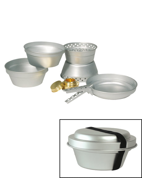 Set de cuisine Mil-Tec en aluminium 2 marmites 1,4 et 0,95 L avec poêle et réchaud laiton
