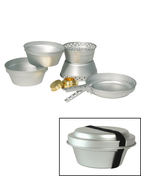 Set de cuisine Mil-Tec en aluminium 2 marmites 1,4 et 0,95 L avec poêle et réchaud laiton