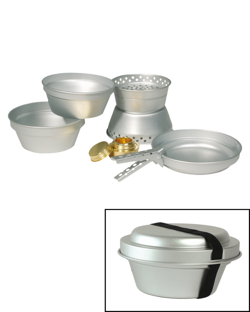 Set de cuisine Mil-Tec en aluminium 2 marmites 1,4 et 0,95 L avec poêle et réchaud laiton