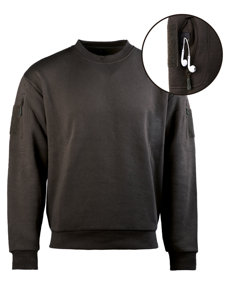 Sweat tactique Mil-Tec col rond en coton-polyester avec deux poches bras supérieur et passage écouteurs