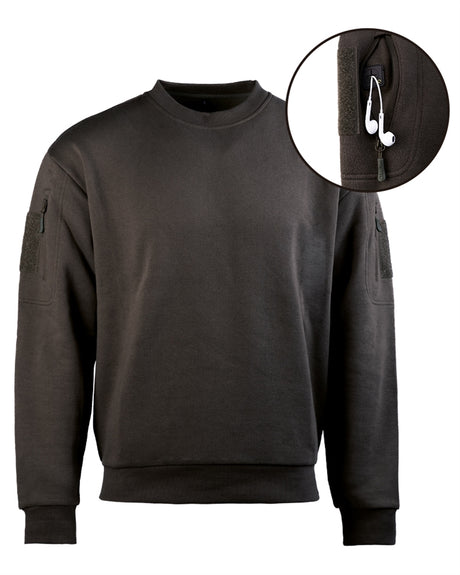 Sweat tactique Mil-Tec col rond en coton-polyester avec deux poches bras supérieur et passage écouteurs
